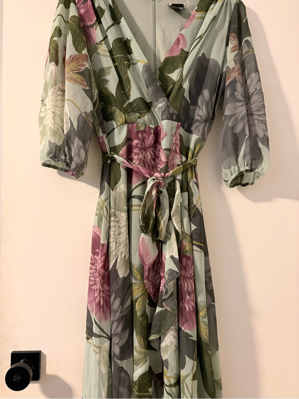 Vintage Floral Wrap Midi Dress in Mint, Pink and Olive
